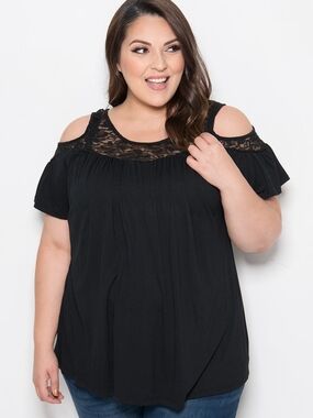 White Mark Black Lace Yoke Cold-Shoulder Tunic